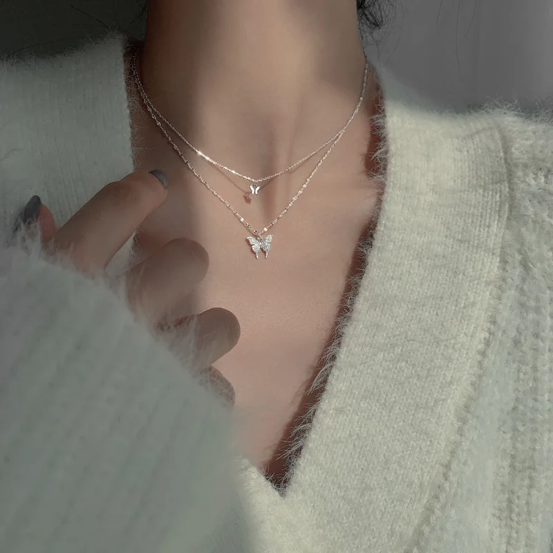 

Elegant Zircon Butterfly Necklace Women Shiny Double Layer Clavicle Chain Pendant Anniversary Gift Jewelry Collares Para Mujer