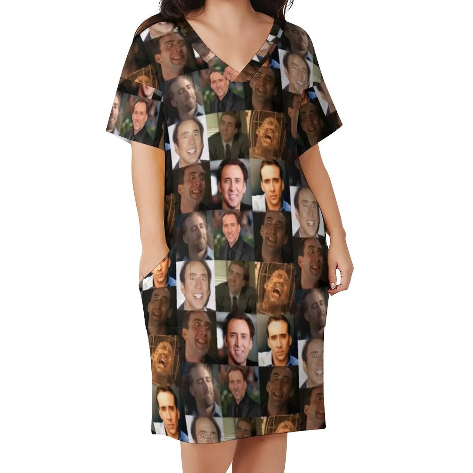 

Meme Collage Dress V Neck Nicolas Cage Aesthetic Dresses Spring Trendy Casual Dress Women Print Oversized Vestidos