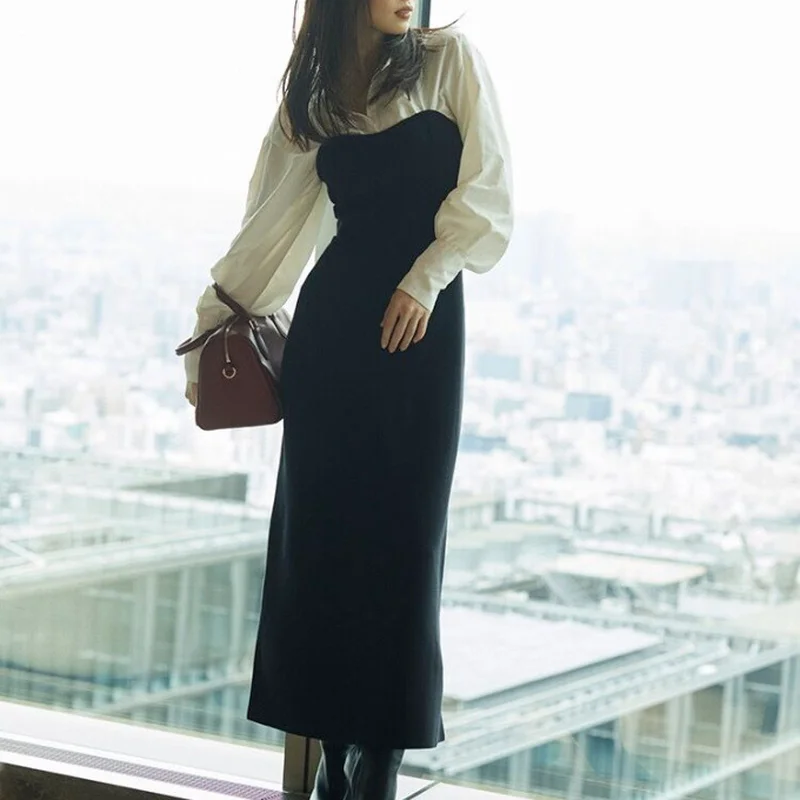 

A GIRLS 2022 Japanese New Design Women Robes Temperament Vestidos Lapel Long Sleeve Shirt Patchwork empire Knitted Slim Dresses
