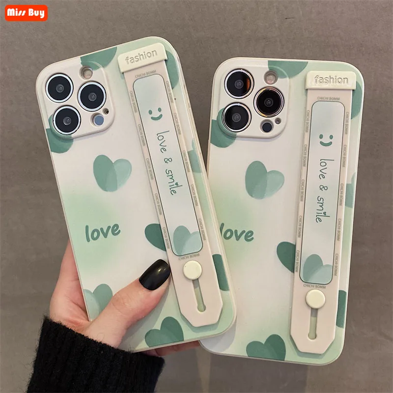 Oil Painting Love Hearts Green Print Wrist Strap Liquid Silicone Case for Oppo R15 17 A72 A16K A93S 5G Reno4 Se 5G Realme 7pro