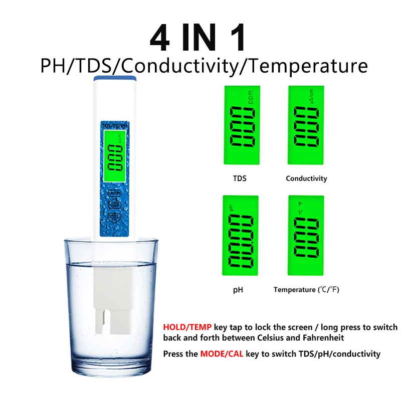 

Professional Digital Water Quality Tester PH Meter 4 In 1 PH/TDS/EC/Temperature Monitor for Pool Aquariums Drinking Water