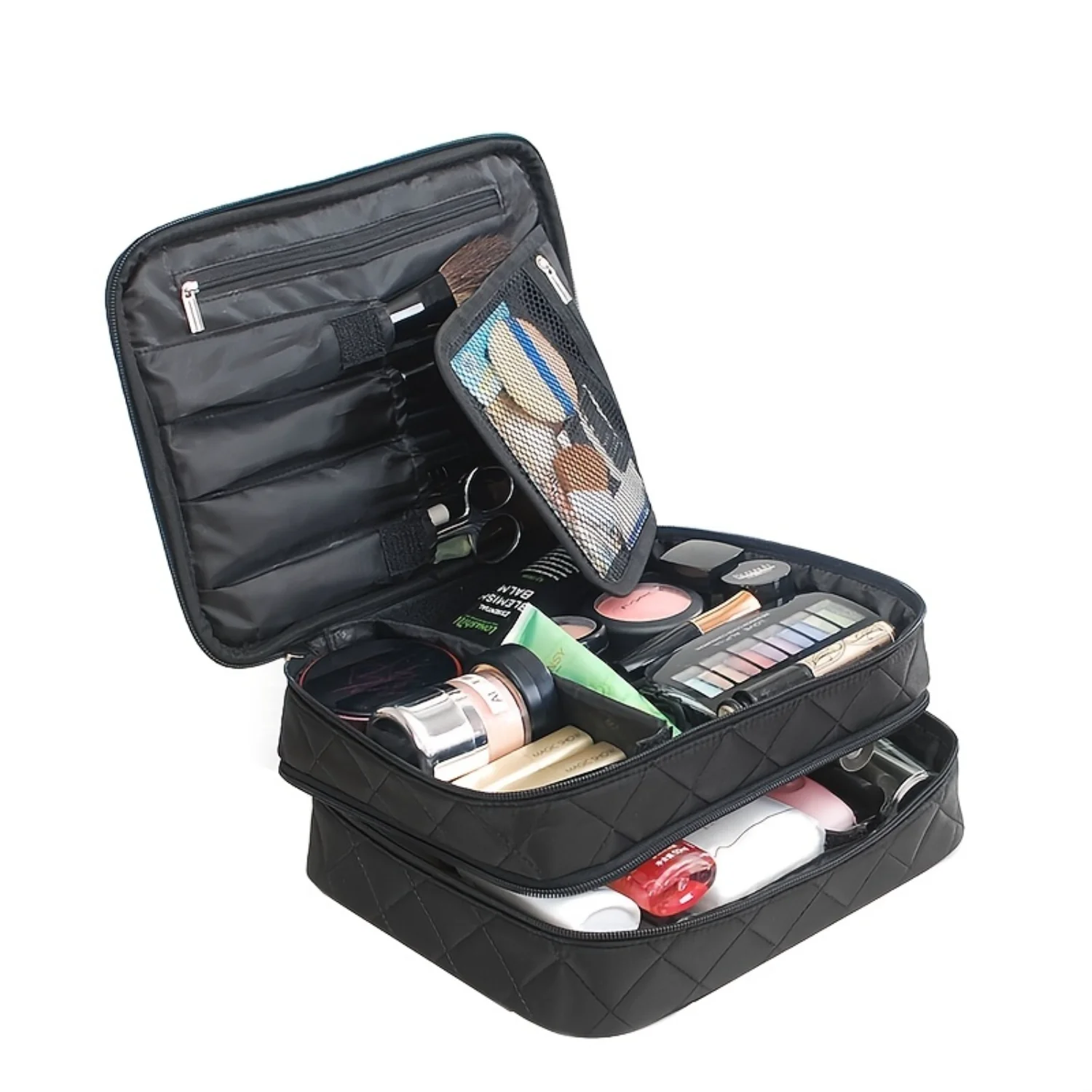 Chic Foldable Black Cosmetic Bag – Double Layer Large Capacity Water-Resistant Organizer with Zipper & Handle