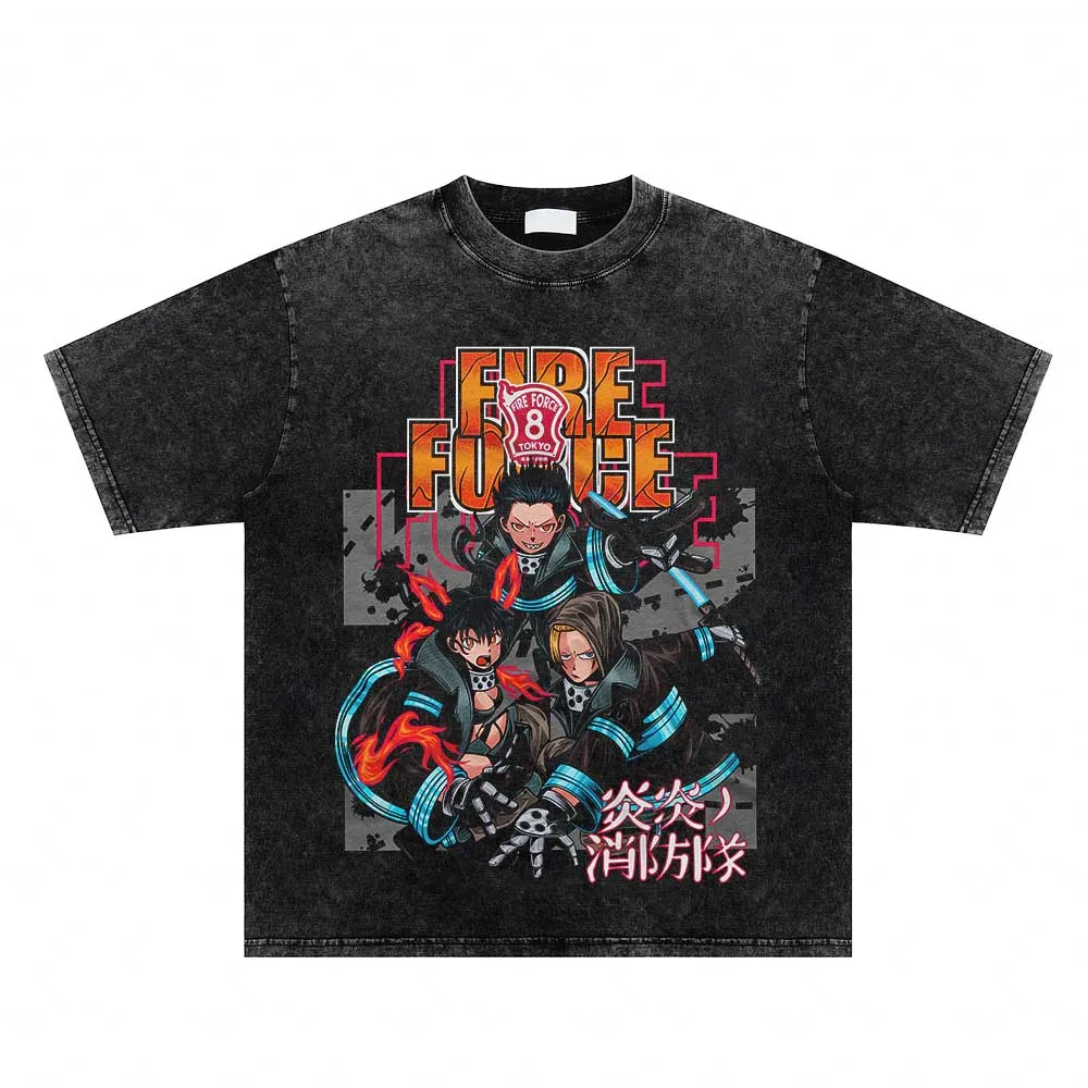 

Футболка мужская оверсайз с мультяшным аниме принтом огненная сила, винтажная промытая футболка, уличная одежда, повседневные топы для манги, футболки из 100% хлопка