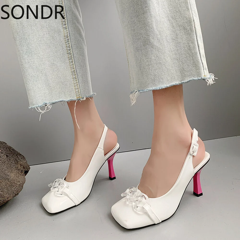 

Женские сандалии на высокой шпильке, с квадратным носком и кристаллами, на цепочке, 3 цвета