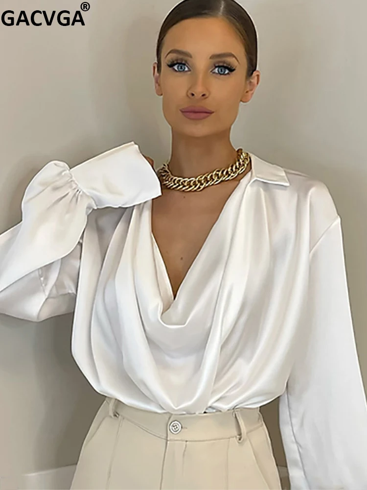 

Женская атласная блузка с длинным рукавом, свободного покроя