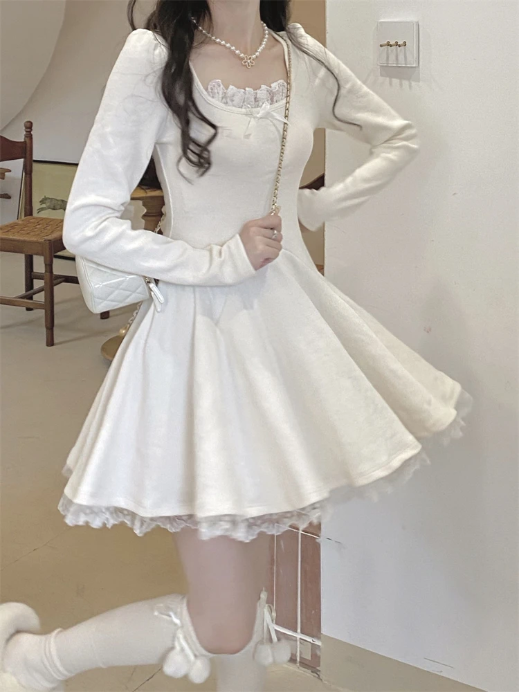 

Зимнее кружевное милое вязаное платье, женское однотонное лоскутное облегающее платье-свитер, женское повседневное корейское модное мини-платье 2023