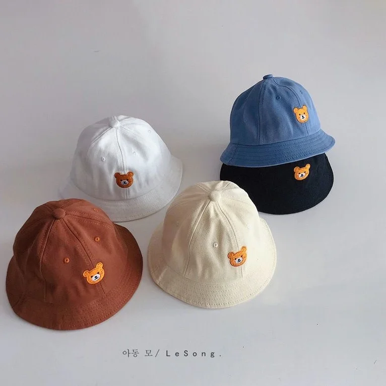 

New Baby Bucket Hat Cartoon Cute Bear Embroidery Sun Hats Soft Cotton Outdoor Children Fisherman Panama Cap