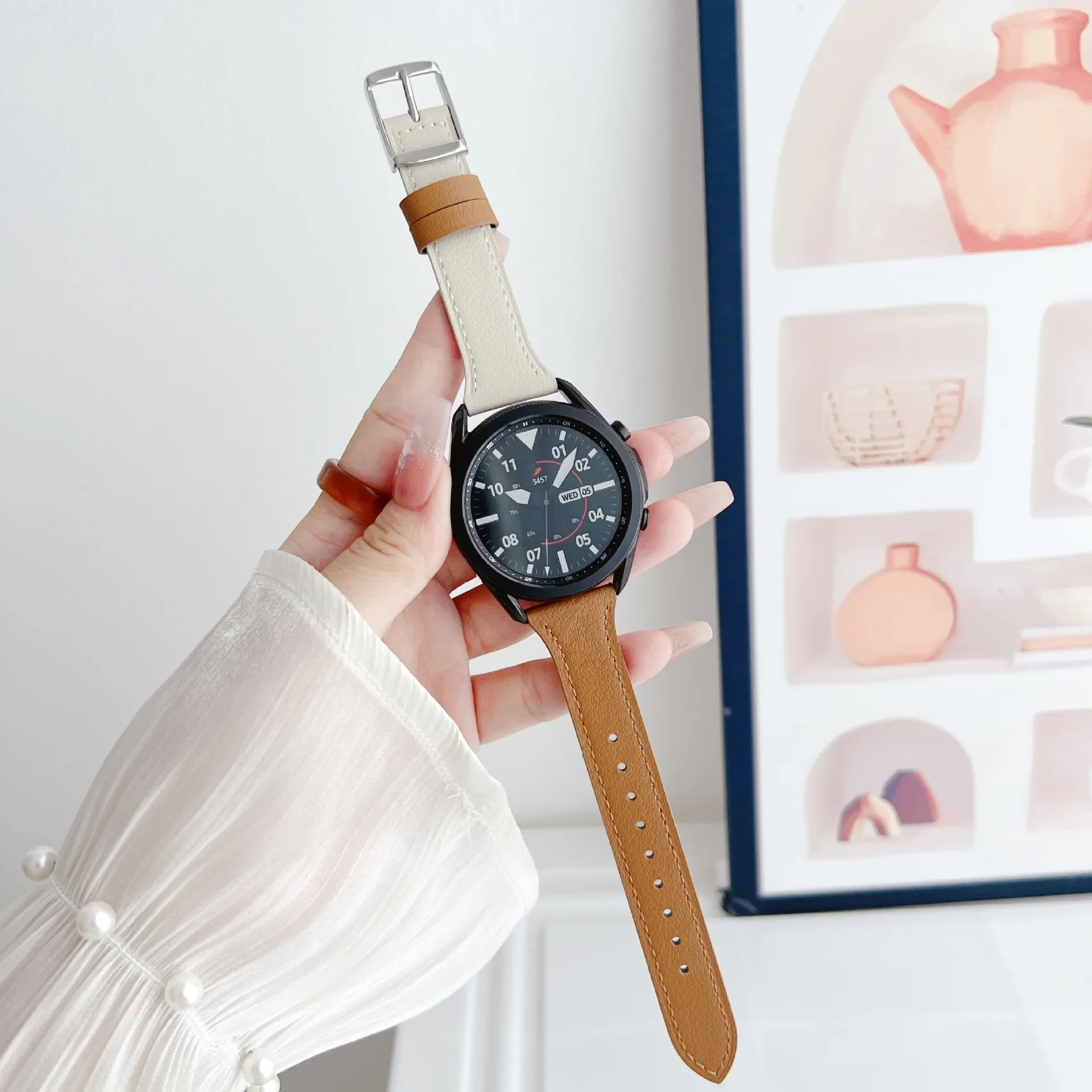 Color Block Genuine Leather Watch Band Suitable For Samsung Watch3/GT3/Huawei Motorcycle Electronic Accessories Replacement