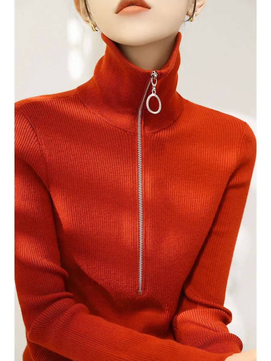 Новый весенний красный свитер с воротником-стойкой и полумолнией облегающий для