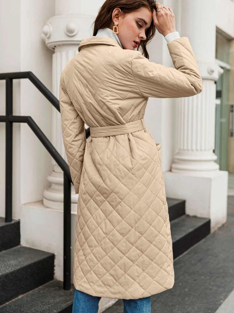 Autumn Winter Fashion Khaki Argyle Cotton Long Parkas with Belt 2022 Women's Casual Turn Collar Warm Thick Cotton Padded Jacket