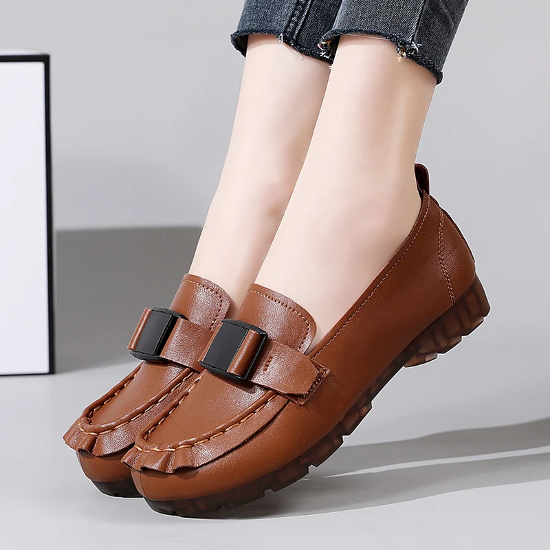2023 New Women Flats Leather Loafers Rubber High Quality Woman Casual Shoes Non-slip Luxury Female Slip-on Boat Shoes Moccasins