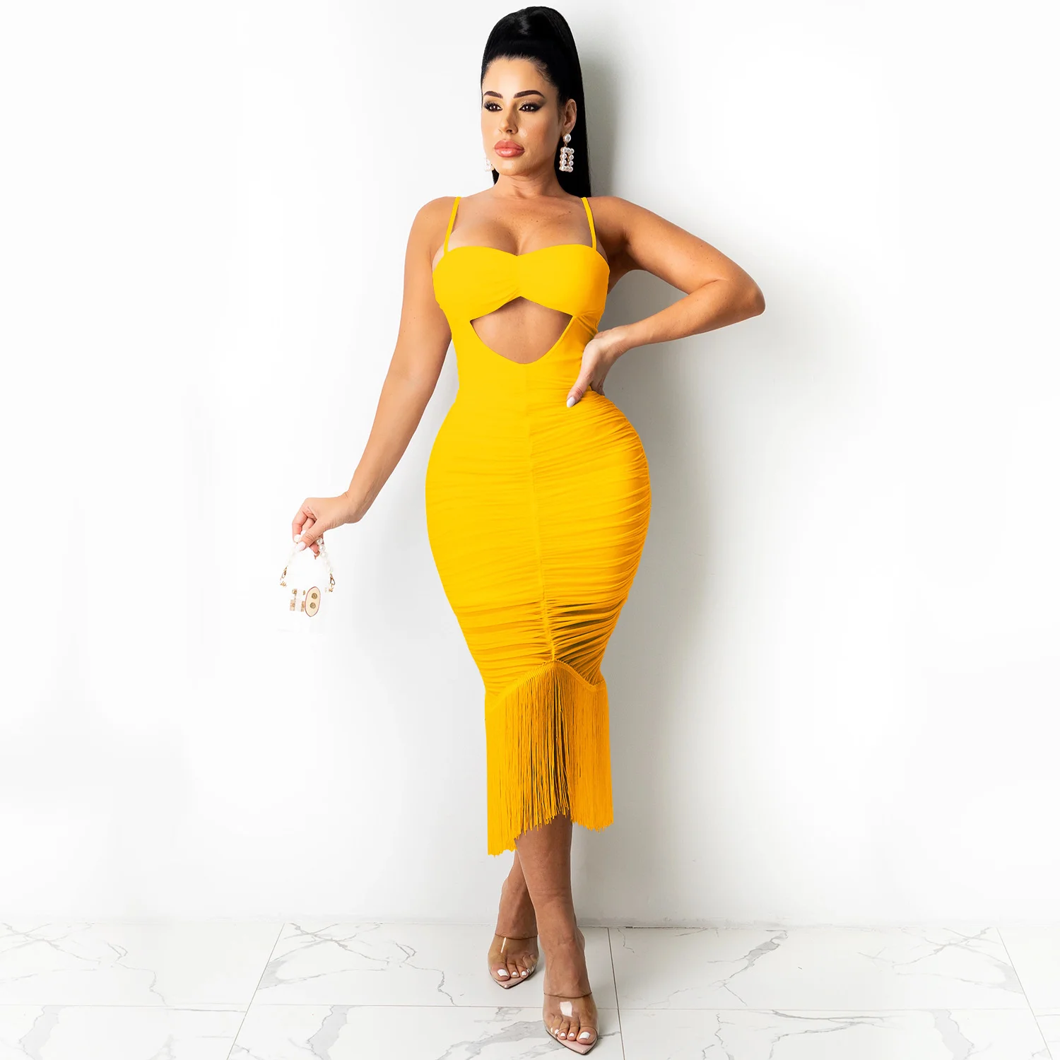 

Sylph Hollow Out Tassel Midi Dress Solid Party Dresses For Women Sexy Summer Fashion Straps Club Vestidos 2022 New Robe 2022
