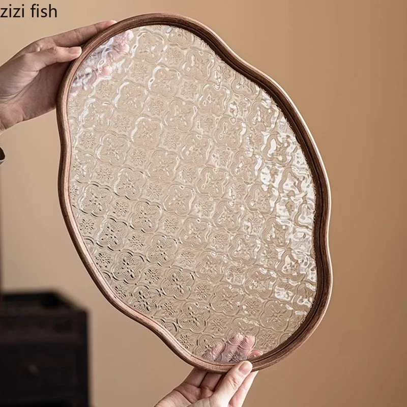 Винтажный стеклянный бамбуковый поднос для чая фруктов торта стеклянные подносы