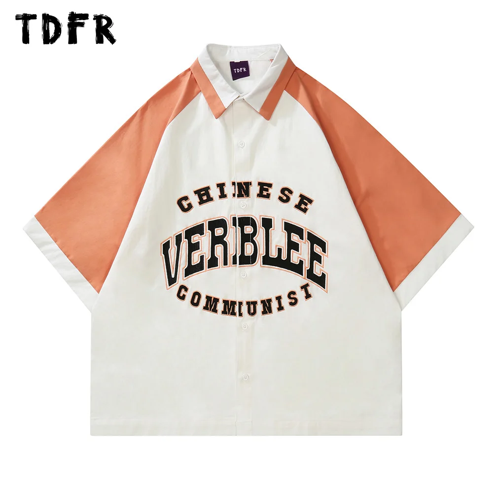 

Letter Embroidery Short Sleeve Shirts Mens Casual Streetwear Lapel Raglan Sleeve Loose Half-Sleeve Shirts Men