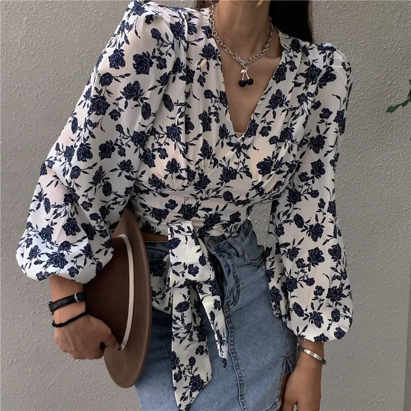 

Women Summer Drawstring Long Sleeve Rose Print T-Shirts Pastoral Small Floral Sexy V-Neck Short Tshirts Knot Tops Cottagecore