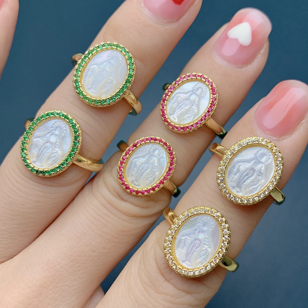 Religion Style Virgin Mary Rings For Women 2022 Fashion Luxury Natural White Mother of Pearl Shell Zircon Adjustable Ring