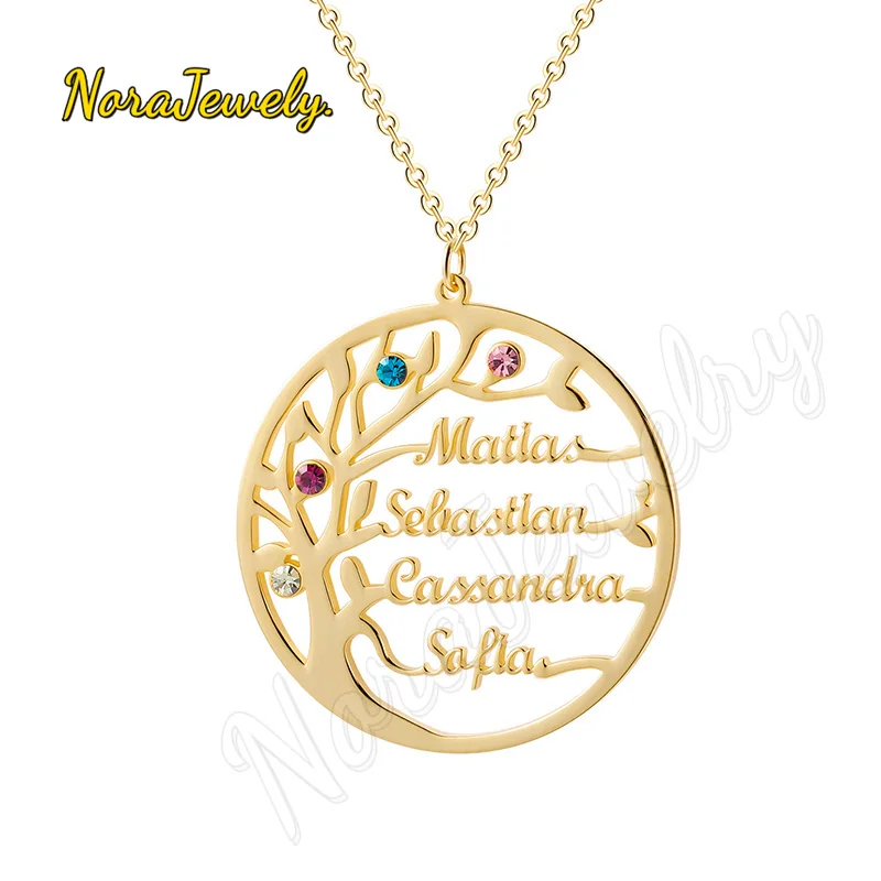 NORAJewelry Family Tree Necklace Iced Out Custom Name Birthstone Choker Gold Stainless Steel Jewelry Personalized Christmas Gift