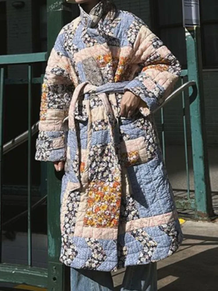 

RDMQ 2023 элегантное лоскутное женское стеганое пальто со шнуровкой тонкий отворот с длинным рукавом теплая зимняя женская винтажная Толстая куртка