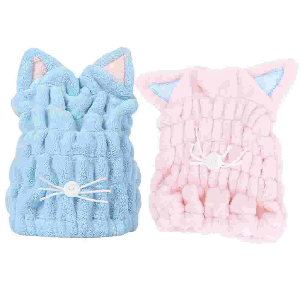 

2pcs Cat Ear Hair Drying Towels Water Absorption Hat Fast Drying Thicken Hair for Home Bathroom (Blue +)
