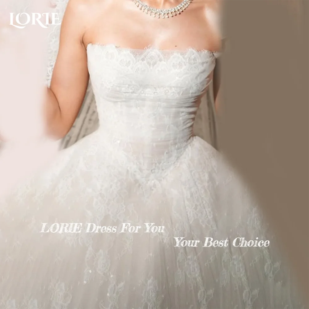 Фото Свадебное платье LORIE: сексуальное, кружевное, без бретелек, с плиссировкой и аппликациями, фасон «сердечко», А-силуэт, кружевное, на заказ, больших размеров, для невесты (vestidos de novia) №5