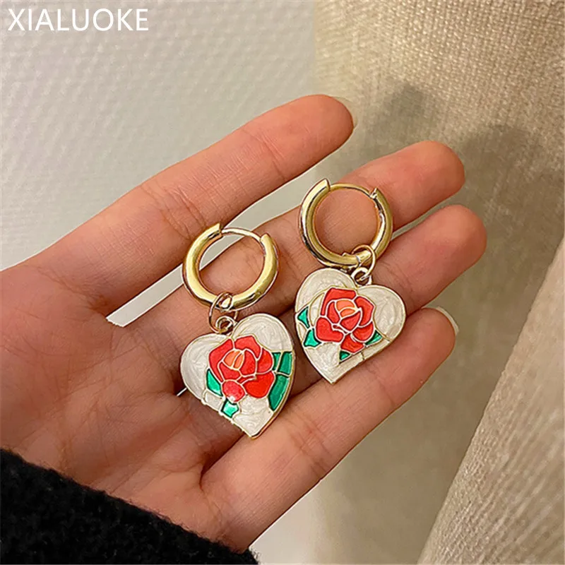 

Женские серьги-подвески XIALUOKE, винтажные серьги в виде колец геометрической формы с металлическим сердцем и эмалью, вечерние ювелирные изде...
