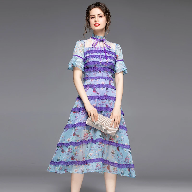 

Vintage Lace Stitiching Cascading Dress 2022 Summer Women Ruffles Bow Tie O-Neck Flare Sleeve Floral Print Chiffon Long Dress