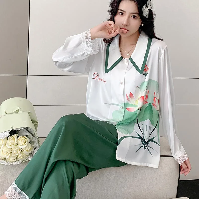 

Women 2Pcs Pajamas Suit Sexy Lace Shirt&pants Pyjama Pour Femme Long Sleeve pyjamas home clothes Sleepwear Nightwear Loungewear