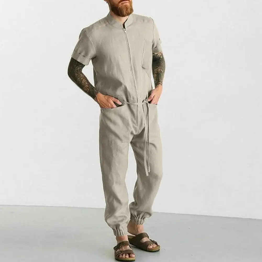 

Casual Trendy Multi Pockets Easy to Wear Summer Jumpsuit Breathable Men Jumpsuit Solid Color Male Garment