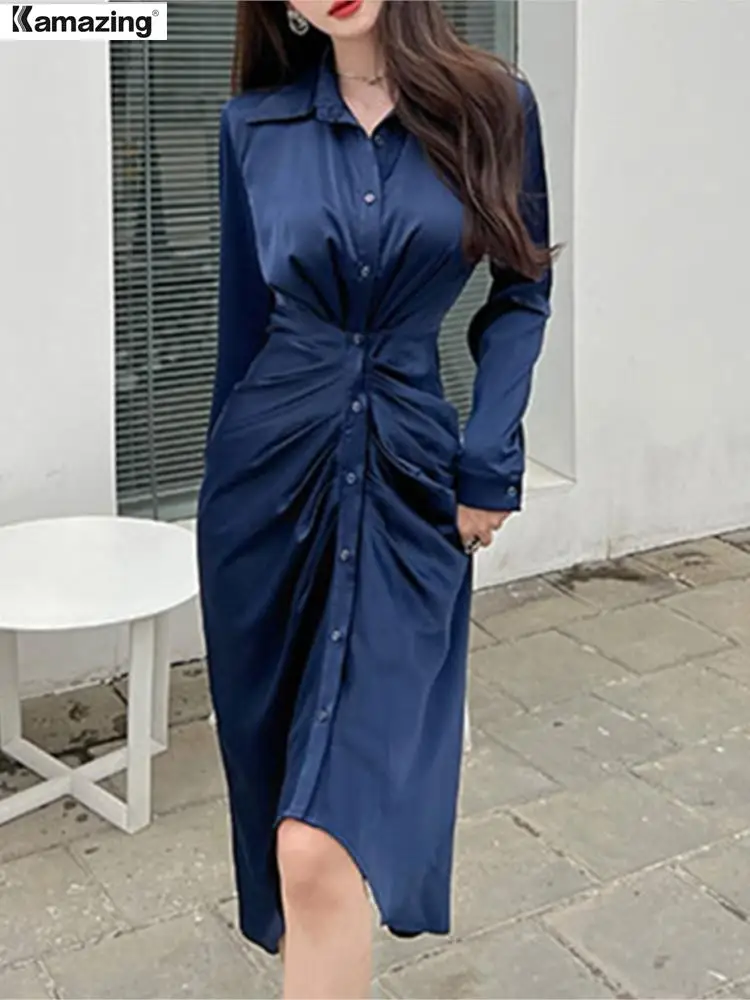 

Демисезонное женское платье миди с разрезом, офисное женское платье-поло с длинным рукавом, шикарное женское платье-рубашка