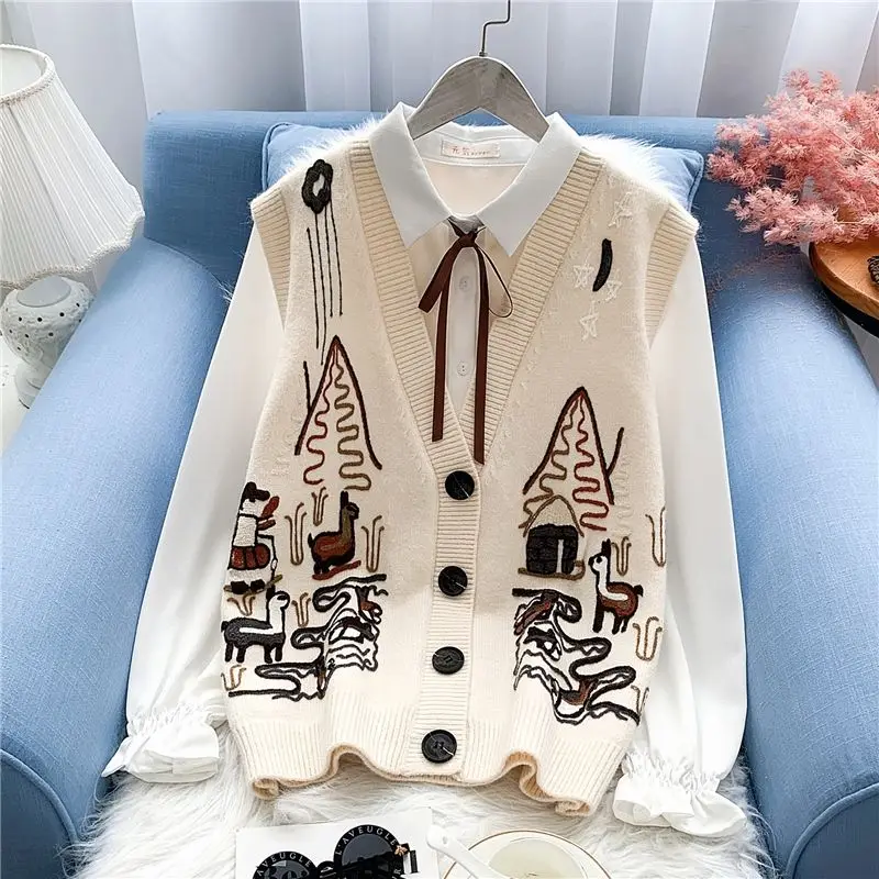 

Female Clothing Autumn Winter Preppy Style V-Neck Cartoon Embroidery Sweaters Vest Single-Breasted Sleeveless Knitted Cardigan