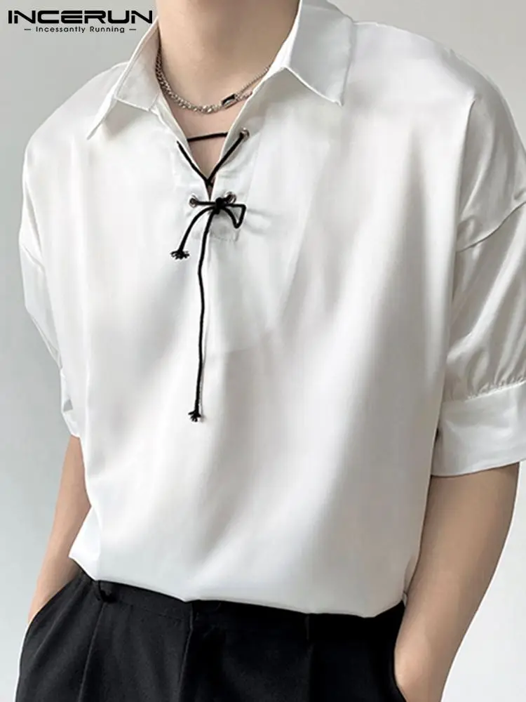 

INCERUN Men Shirt Solid Color Lapel Short Sleeve Lace Up Streetwear Faux Satin Casual Camisas 2022 Summer Men Clothing S-5XL