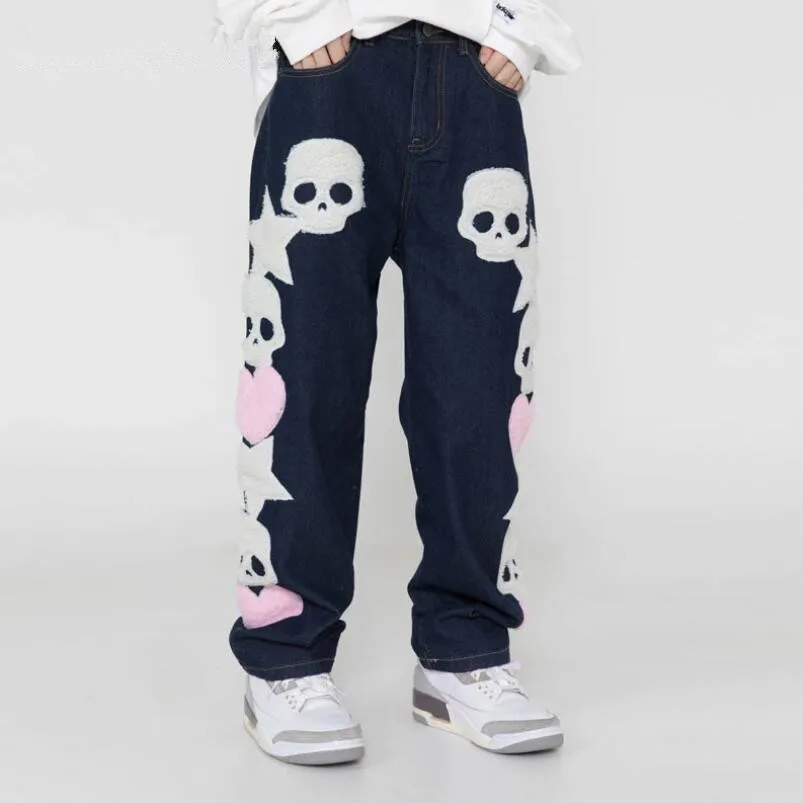 Hip Hop Jeans Streetwear Mens 2022 Vintage Embroidered Skull Star Baggy Denim Pants Man Harajuku Casual Denim Trousers w291