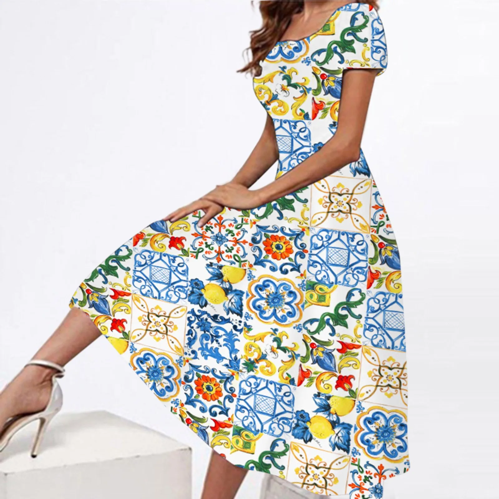 

Женские цветные платья, женское летнее повседневное Мягкое платье, модное элегантное платье с коротким рукавом и круглым вырезом, милые жен...