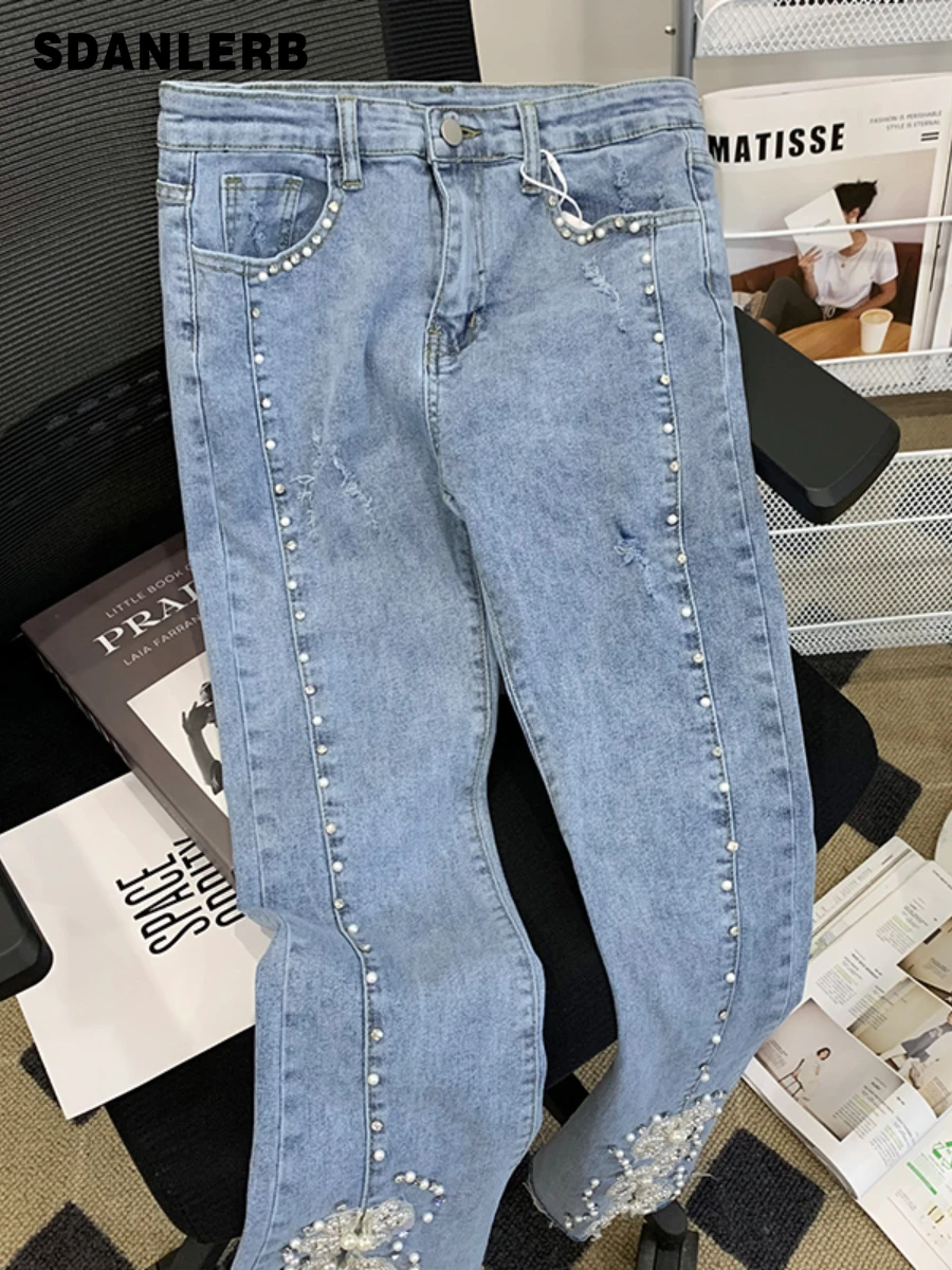 Skinny Jeans Women's Design Sense Fashion High Waist Denim Pants Slimming Heavy Industry Beads Diamond Bow Split Trousers