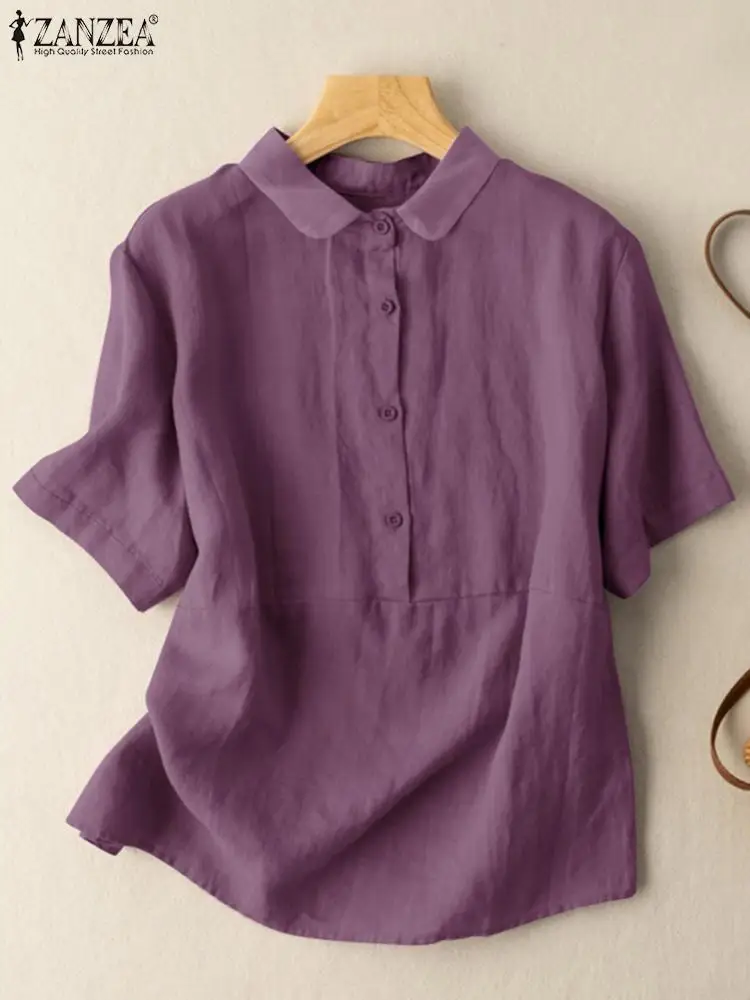 

ZANZEA Casual Short Sleeve Shirts Fashion Office Lady Baggy Camisas Oversized 2022 Summer Lapel Tops Women Vintage Solid Blouse