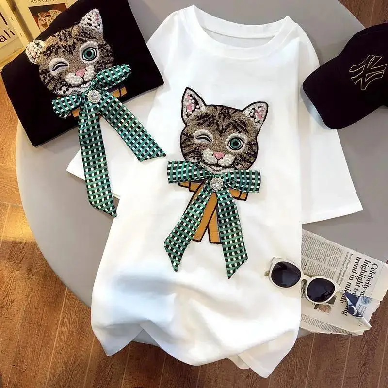 

2022 Summer Lazy Cat Exquisite Rhinestone Beaded Cat Bow Western Style Mid-Length Short-Sleeved T-shirt Women's Top