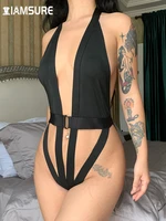 iamsure sexy slim hollow out bandage halter bodysuits skinny solid backless sleeveless rompers women 2022 summer holiday fashion