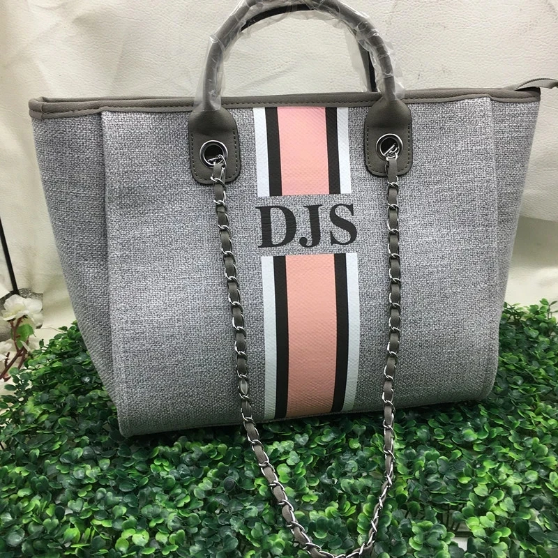 

Monogram Tote Bag Canvas Customised Grey Chain Handbag Personalised White Stripe Initials Beach Holiday Women mini tote bags
