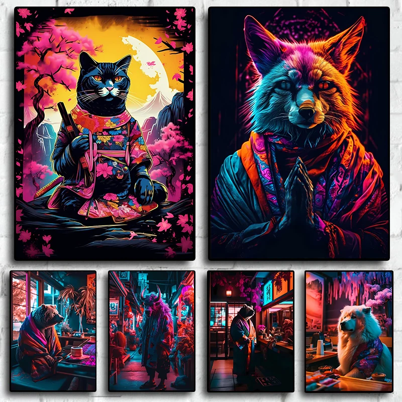 

Fantasy Animal Series Cat Dog Bear 80s Retro Painting Canvas Print Posters For Room Living Sofa Wall Art Home Decor Pictures