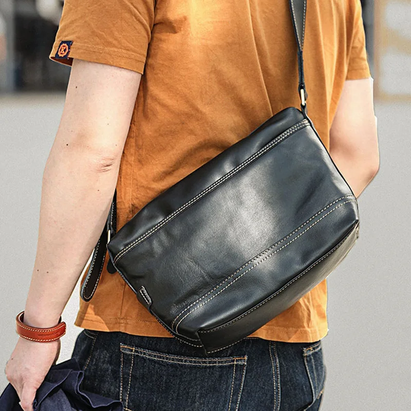 AETOO  May Khaki retro men's bag Japanese leather One shoulder Crossbody Bag Soft cowhide commuting casual Postman Backpack