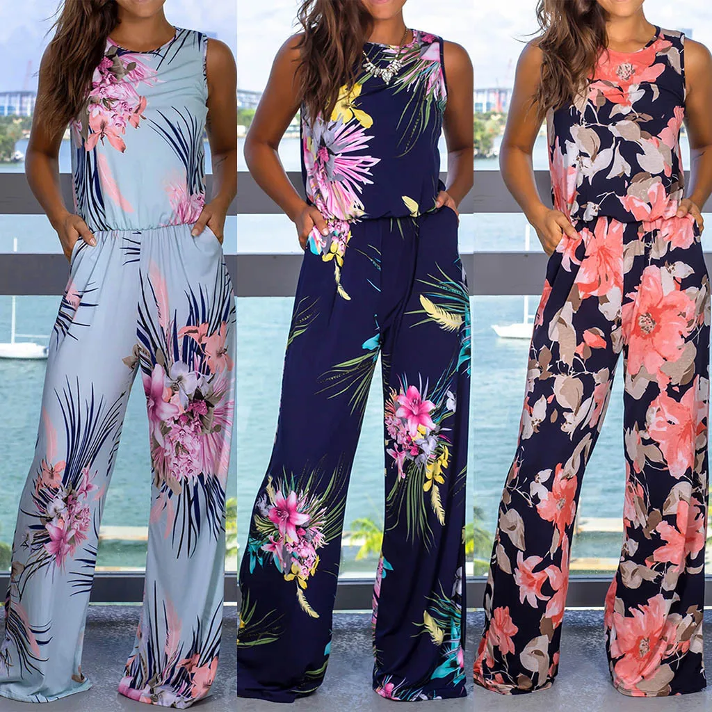 2022 Summer Women Floral Trousers Sleeveless Casual Sling Lose Baggy Long Trousers Overalls Trousers Floral Print Romper Overall