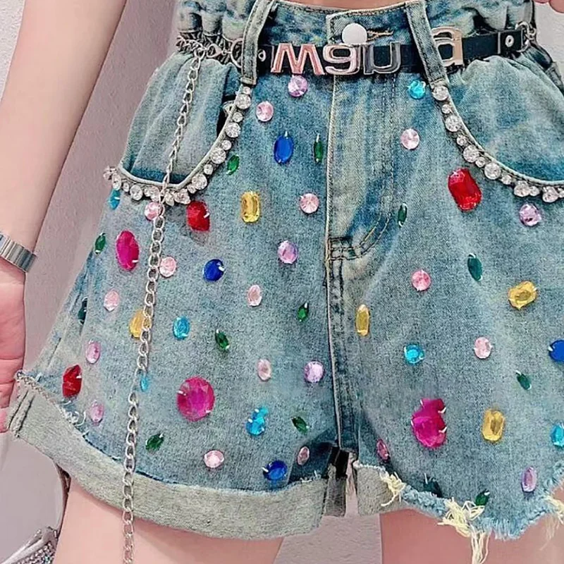 Design Heavy Industry Colorful Crystals Denim Shorts For Women 2023 Summer New High Waist Loose A-line Wide Leg Hot Kawaii Pants