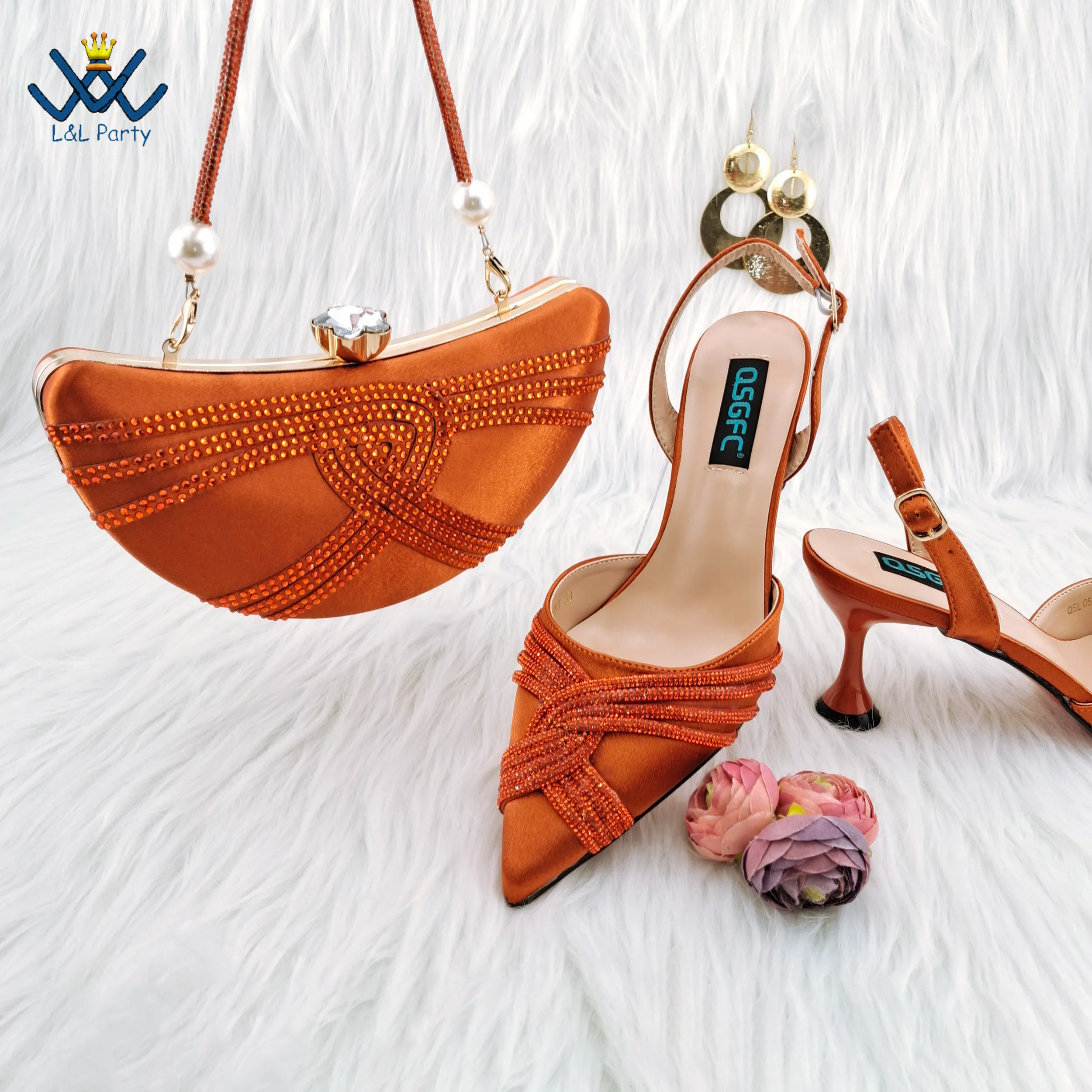 

Orange Classics Design Nigerian Women Shoes Matching Bag Set with Shinning Crystal with Thin Heels for Garden Party