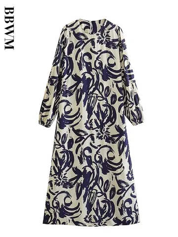 Women Dress 2023 Spring New Fashion Printed Midi Dress Vintage Long Sleeve With Belt Chic Female Party Dresses Vestidos