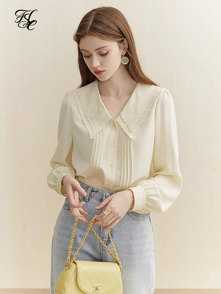 

Шифоновая Блузка с цветочной вышивкой FSLE, рубашка, Женская двухслойная плиссированная винтажная блузка, Повседневная Уличная одежда, черны...