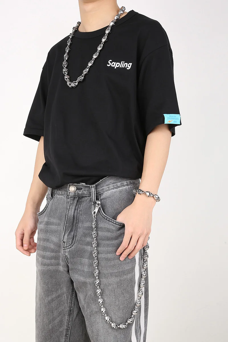 Vintage Gothic Skull Beaded Bracelets Necklace For Men Punk Stainless Steel Party Jewelry Pants Chain Accessories Gifts