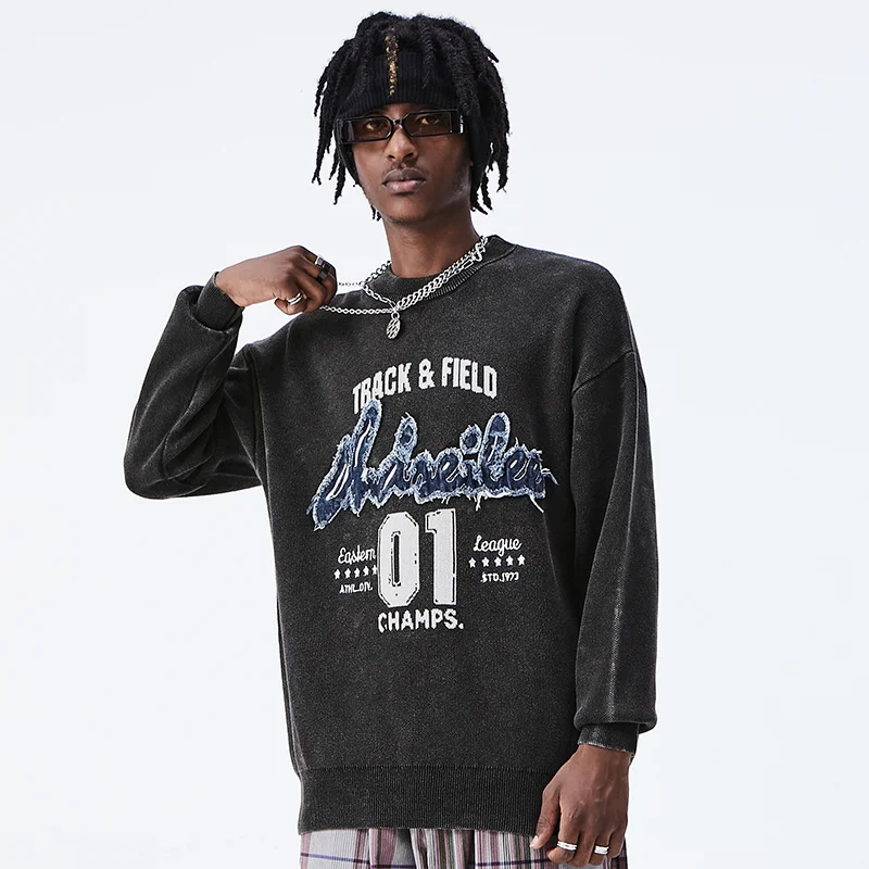 

Embroidery Frayed Washed Vintage Sweater Men 2022 Autumn Hip Hop Streetwear Harajuku Pullover Oversize Women Knitted Sweater