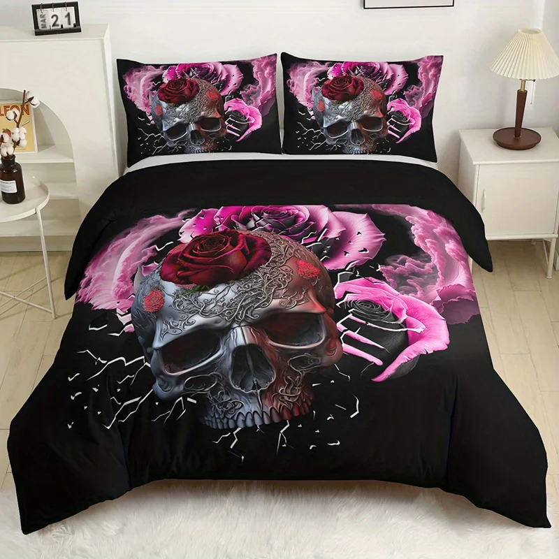 

Red Rose Skull Bedding Duvet Cover Set 3D Floral Skull Printed Duvet Cover with Zipper Soft Microfiber Gothic Decor Bedding Set