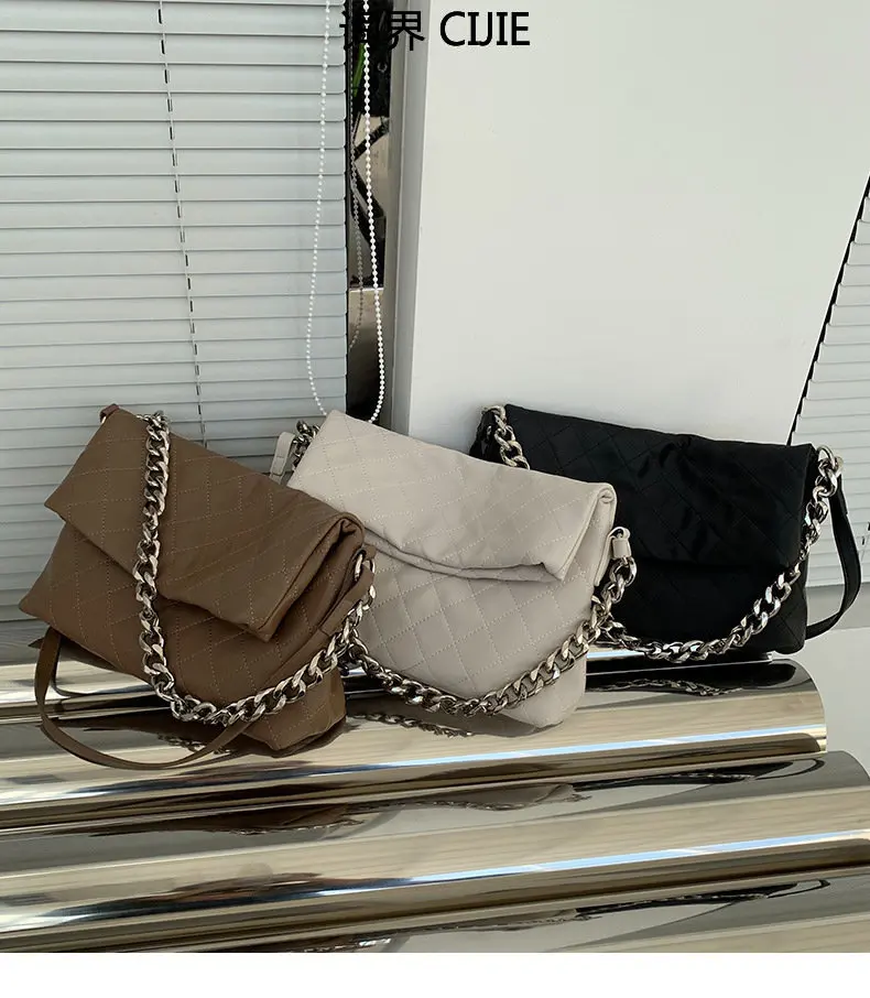 

CIJIE Retro Collapsible Bucket Women's Bag Portable Women's Bag Metal Chain Rhombus Single Shoulder Underarm Bag