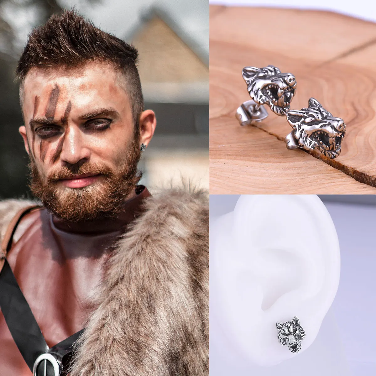 

Men's Domineering Fashion Animal Wolf Head Stainless Steel Earrings New Fashion Nordic Viking Earrings Tide Brand Gift Jewelry